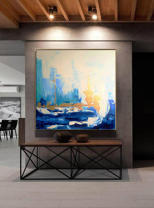 BlueSkylineAbstractPaintingContemporaryArtOriginalLargeWallArtCanvasWallArtLargeBlueGold 31in,No Frame