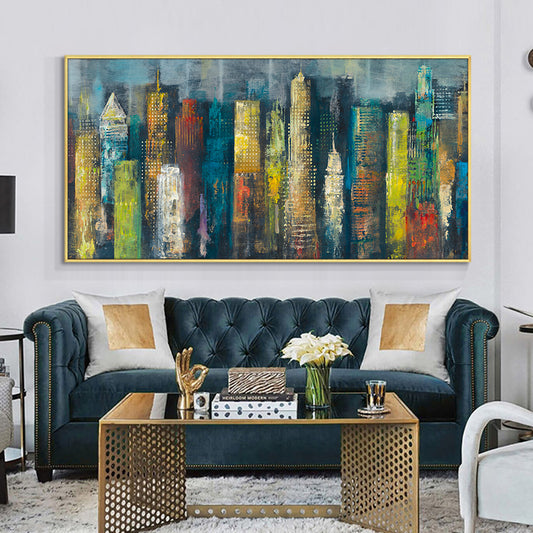 Abstract Colorful Buildings  Hand Painted Oil Painting On Canvas Abstract Wall Art Without,27inx54in,No Frame