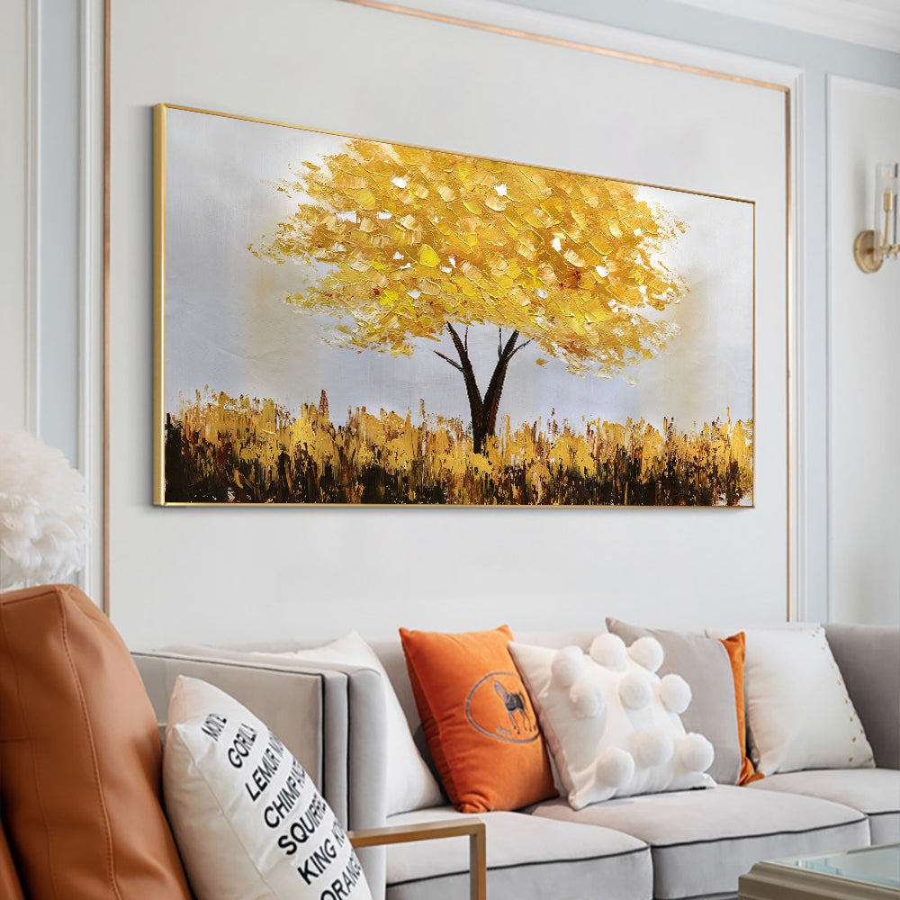 Abstract Thick Textured Golden Tree Oil Painting  Handmade On Canvas Modern Wall Art Pictures,27inx54in,No Frame