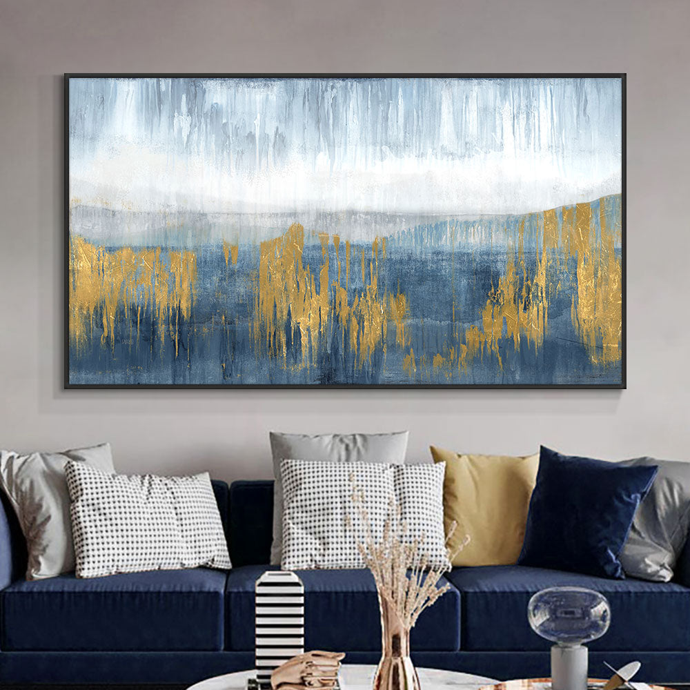 Abstract Handmade Landscape Oil Painting On Canvas Blue With Gold Foil Paintings Wall Art For Bedroom,27inx54in,No Frame
