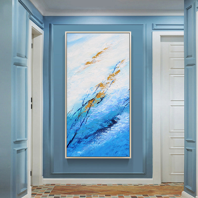 Modern Minimalist Hand-Painted Abstract Oil Painting of Blue Sea Entrance Living Room Dining Room Vertical Version of the Murals27inx54in,No Frame