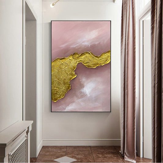 #680Pure Handpainted Modern Light Luxury Living Room Decoration Painting Gold Pink Simple Abstract Three Dimensional Hanging,31inx47in,No Frame