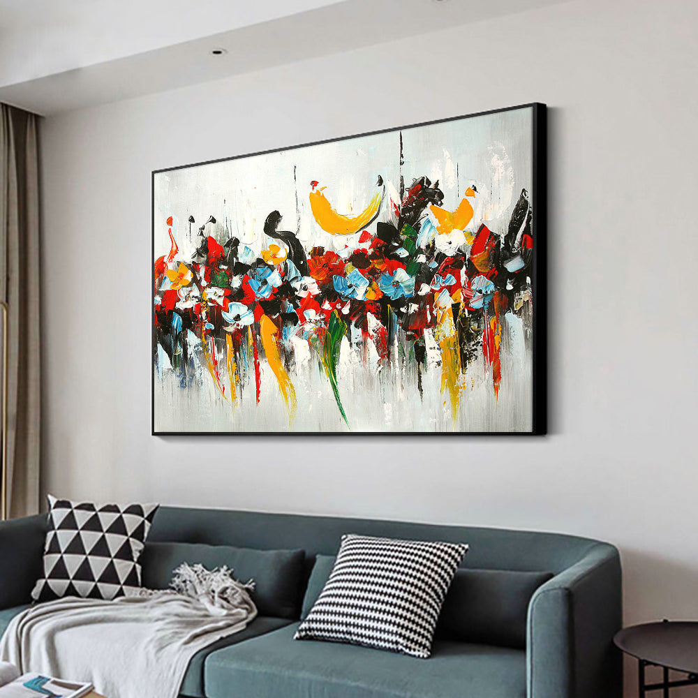 #440Abstract Colorful Flower Oil Painting  Hand Painted On Canvas Thick Palette Knife Painting Wall Art,27inx54in,No Frame