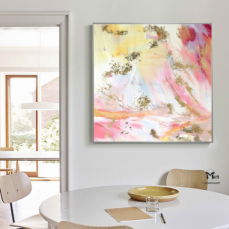 Large Pink Abstract Painting Pink Textured Painting Colorful Wall Paintings Gold Leaf Painting Blush Pink Wall Art Home Decor31in,No Frame