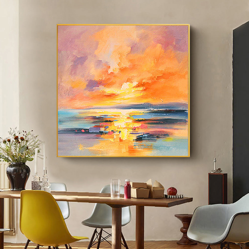 Handmade Abstract Sunset Oil Painting On Canvas Modern Landscape Wall Art Picture Hand Painted For Living Room,31inx31in,No Frame