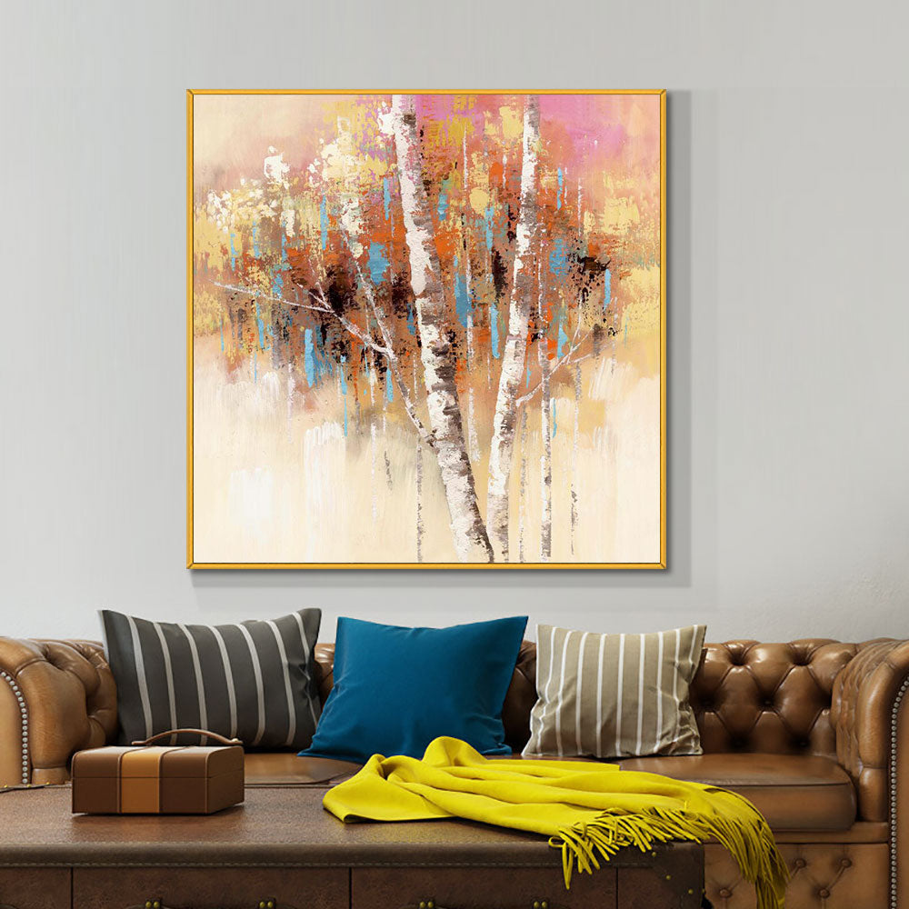 #200 Hand Painted Oil Painting On Canvas Abstract Birches Picture Handmade Wall Art Living Room Home,31inx31in,No Frame