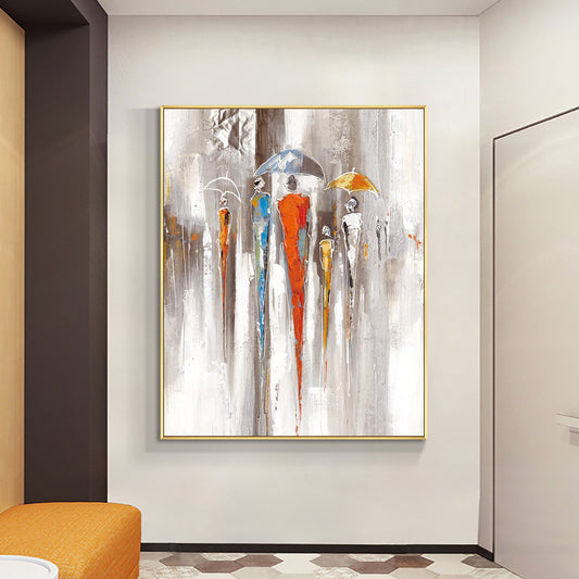 Abstract People In the Rain With Umbrellas  Hand Painted Oil Painting On Canvas Abstract Wall For Living Room,31inx47in,No Frame