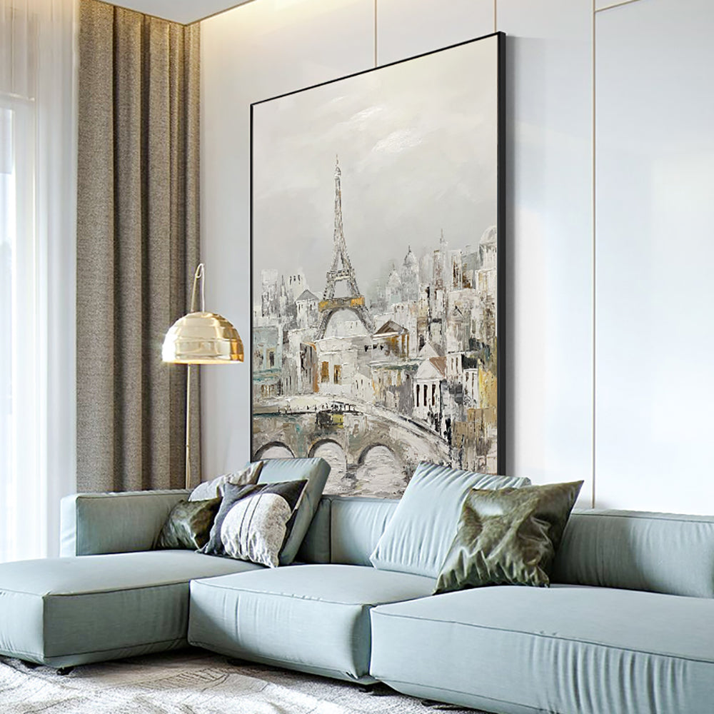Hand Painted Canvas Oil Painting Lron Tower Landscape Abstract Mural Living Room Sofa Background Wall Art For Living Room,31inx47in,No Frame