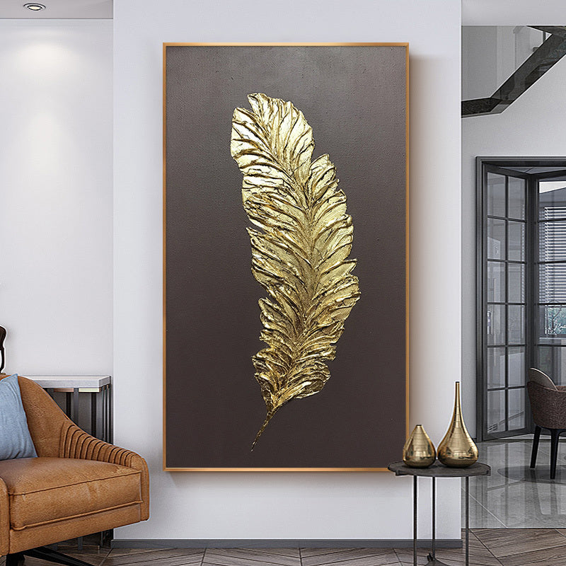 Gold Feathers hand-painted Oil Painting Decorative Porch Light Luxury Vertical Version Of Modern Scandinavian Corridor Aisle Bac27inx54in,No Frame