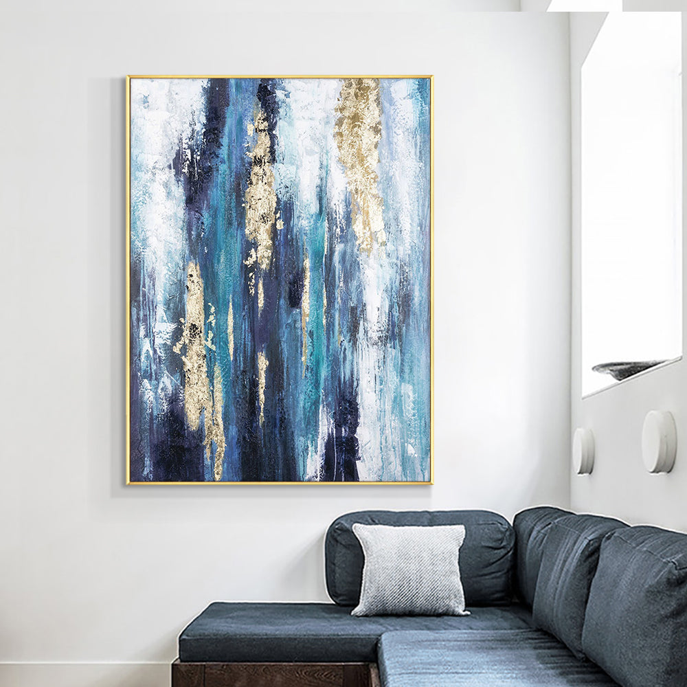 Abstract Blue Painting Wth Gold Foil  Hand Painted Oil Painting On Canvas Handmade Modern Wall  For Living Room,31inx47in,No Frame