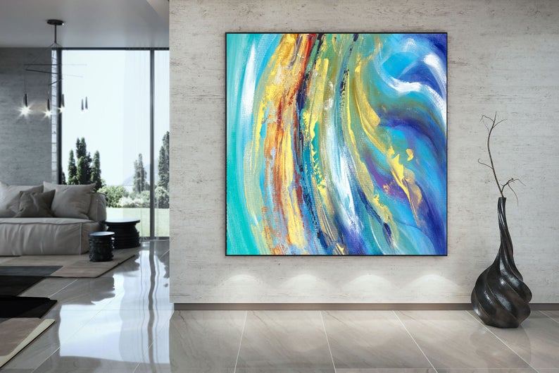 Extra Large Wall Art Blue Gold Abstract Painting On Canvas Contemporary Art Original Oversize Wall Painting Home Decor,31inx31in,No Frame
