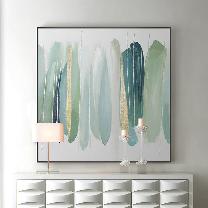 Hand painted Nordic Oil Painting Green Golden Foil On Canvas Color Block For Living Room,31inx31in,No Frame