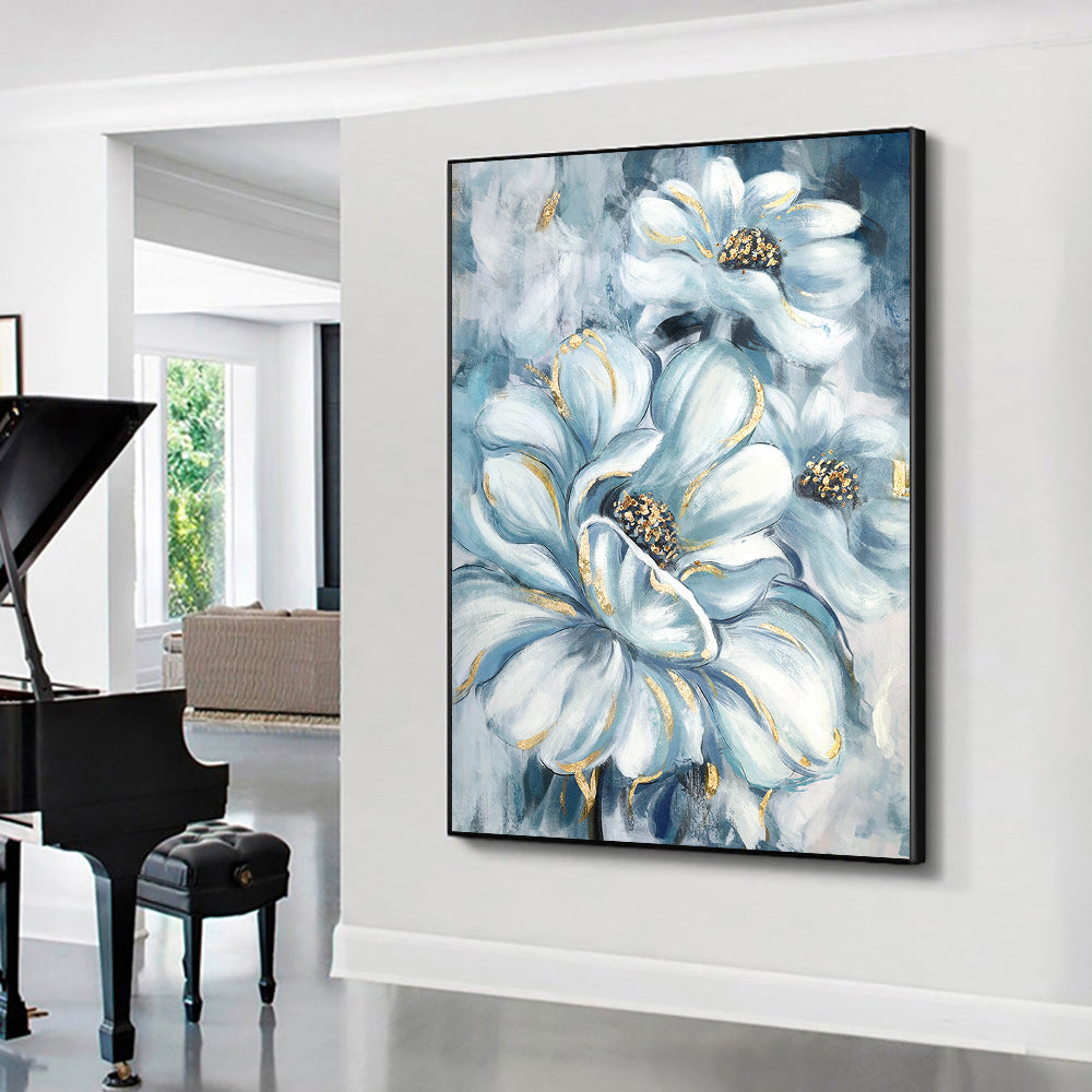 Morden Abstract White Luxury Flower Oil Painting Canvas Wall Art Hand Paint Original Golden Oil Painting Wall Art For Home Living Room,31inx47in,No Frame