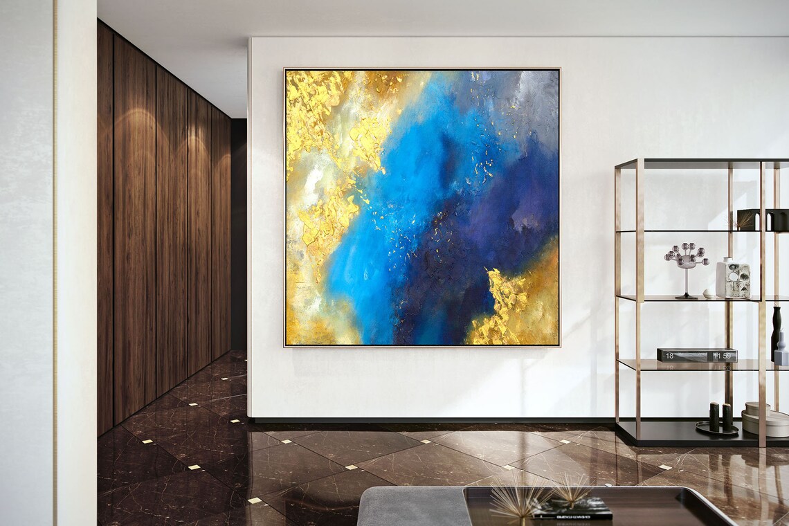 Contemporary Wall Art Abstract Painting on Canvas Original Oversize Painting Extra Large Wall Art Room Decor Blue Gold Painting31in,No Frame