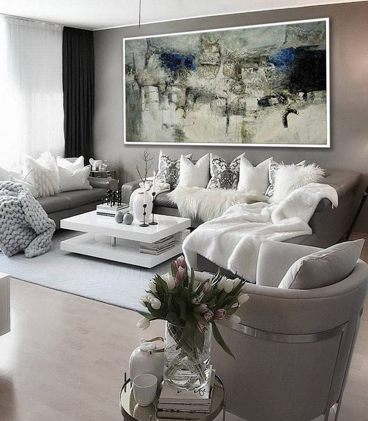 Extra Large Panoramic Modern Abstract Wall Art Hand Painted Black And White Contemporary Thick Oil Painting On Canvas27inx54in,No Frame