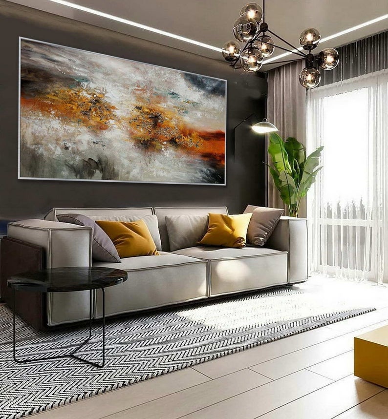 Contemporary Minimal Modern Neutral Large Wall Art Hand Painted Rustic Minimalist Simple Abstract Painting On Canvas Gray Gold27inx54in,No Frame