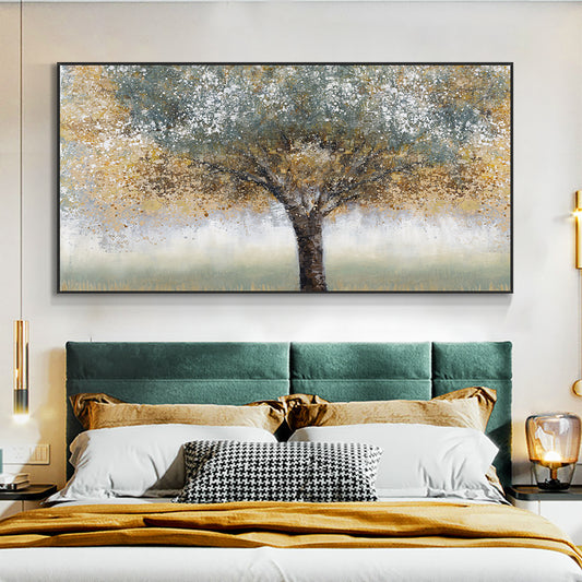 #430Abstract Yellow Green Tree Oil Painting Thick Textured  Hand Painted On Canvas Handmade Wall Art,27inx54in,No Frame