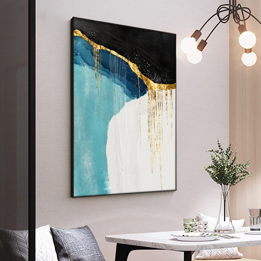 #1160Hand Painted Black With White Abstract Gold Foil Oil Painting Canvas Wall Art Fine Modern For Living Room,31inx47in,No Frame