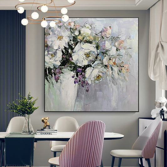 Modern Flower Painting Hand Painted Oil Painting Thick Oil 3D Knife White Flowers Painting For Wedding,31inx31in,No Frame