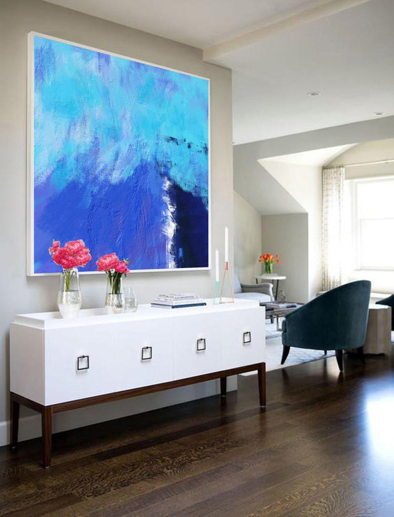 Deep Blue Abstract Canvas Painting Large Blue Painting Minimalist Painting Canvas Abstract Oil Painting Dining Room Art Painting31in,No Frame