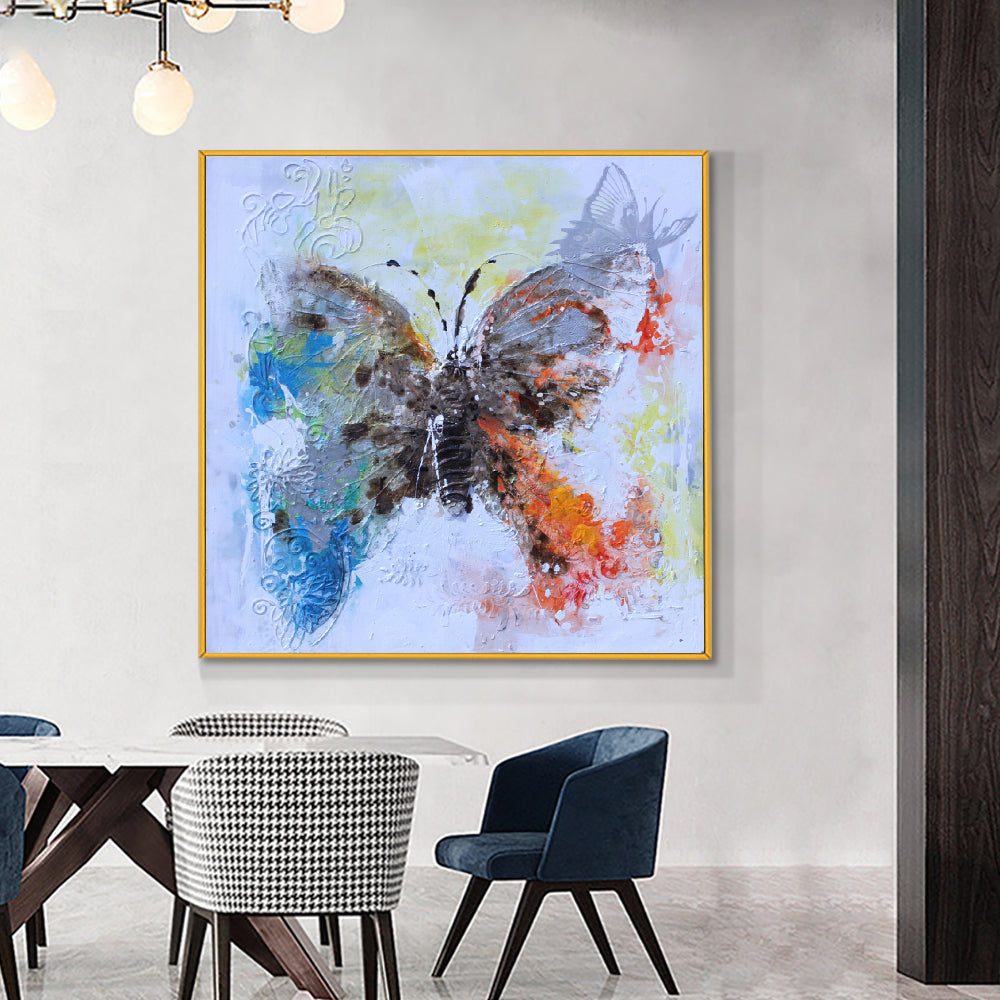 Abstract Handmade Colorful Butterfly Oil Painting On Canvas Hand Painted Paintings Modern Wall Art For Living room,31inx31in,No Frame