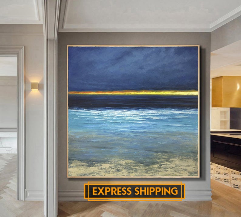 Large Paintings On Canvas Ocean Painting Sunset Painting Modern Wall Art Landscape Painting Blue Abstract Painting Canvas Art31in,No Frame