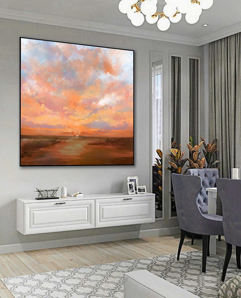Large Sky Abstract Art Painting On Canvas Brown Painting Orange Painting Sunset Landscape Painting Sea Wall Art Office Decor31in,No Frame