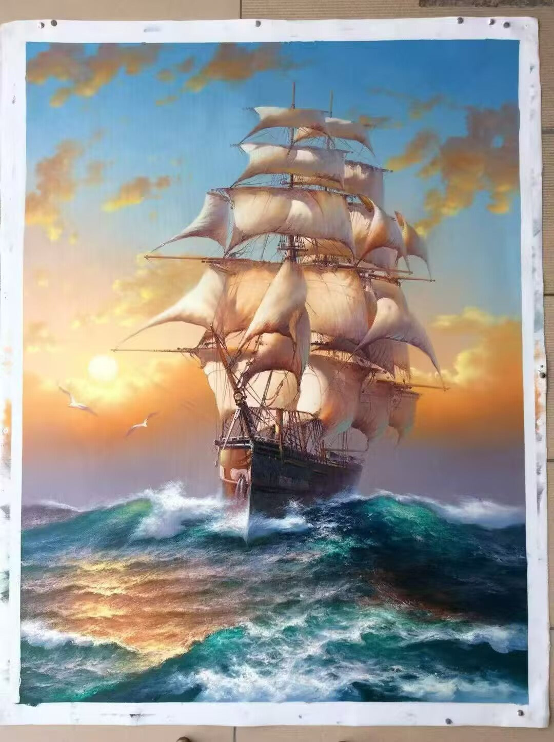 Hand painted oil Painting on Canvas Vintage Clipper Ship Cutting Through Waves at Golden Sunrise
