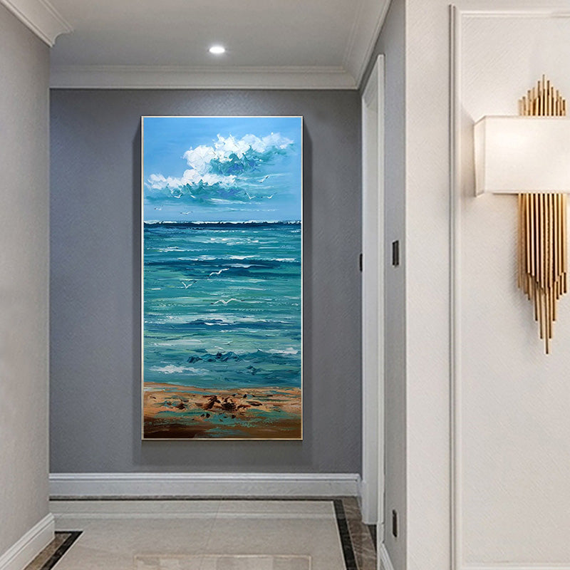 Seagull Original hand-painted Oil Leap Modern Minimalist Nordic Landscape Decorative Painting Vertical Version Entrance Hallway27inx54in,No Frame