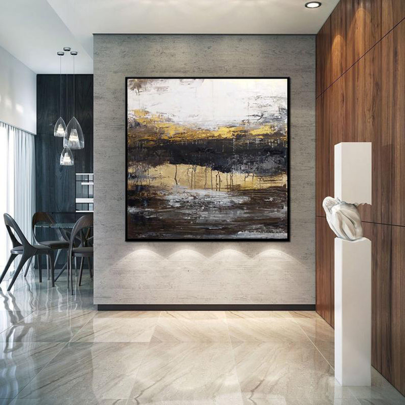 Handmade Painting Cancas Large Geometric Art Horizontal Painting Wall Art Canvas Painting Modern Art Black White Minimalist Art31in,No Frame