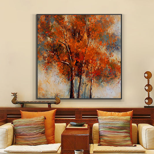 Abstract Brown Trees With Red Leaves On Canvas  Hand Painted Oil Painting Modern Wall Art,31inx31in,No Frame