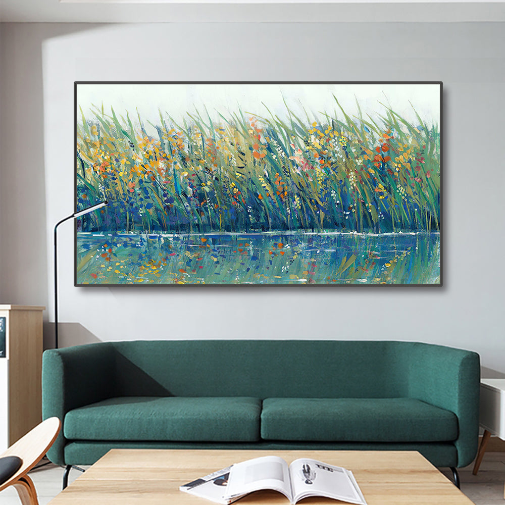 Hand painted Abstract Green Plant Landscape Oil Painting Canvas Wall Art Handmade Flower Oil Artwork,27inx54in,No Frame