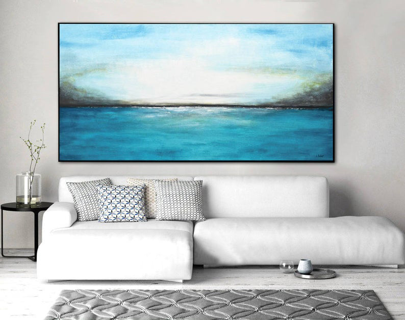 Large Abstract Landscape Painting Sea Painting Panoramic Art Blue White Modern Abstract Painting Oil Hand Painted Artwork27inx54in,No Frame