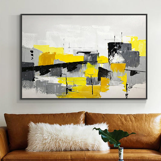 Abstract Geometric Painting  Hand Painted Oil Painting On Canvas Modern Yellow Gray Blue Wall Art,31inx47in,No Frame