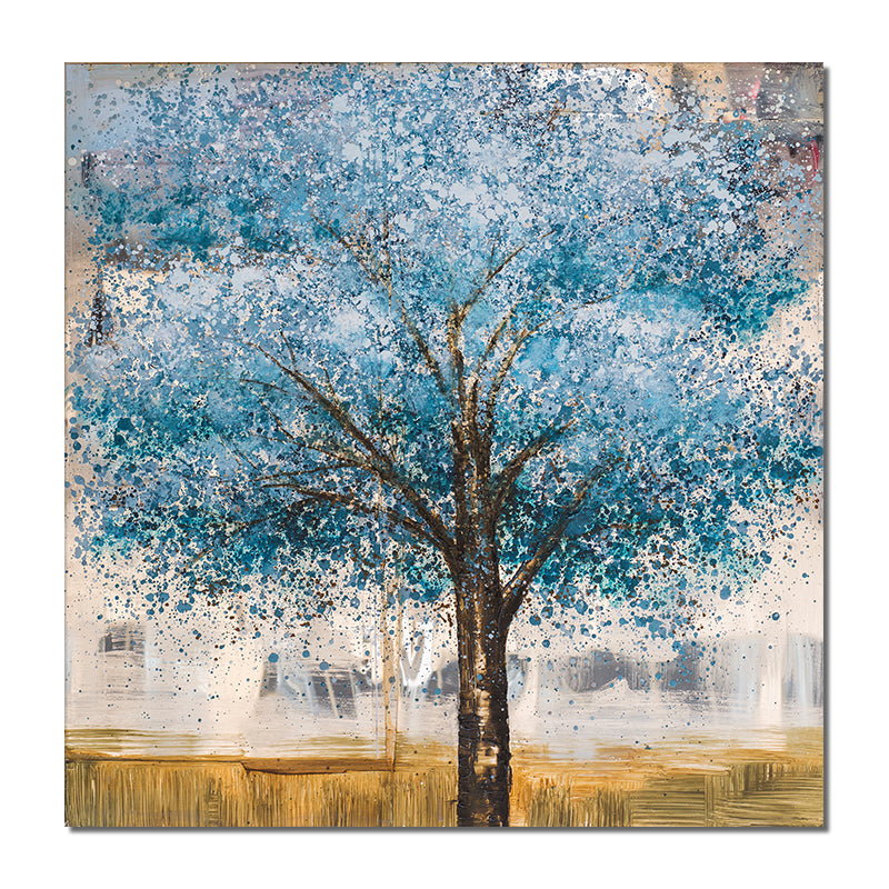Hand Painted Blue Tree Painting Without Frame Modern Decorative Oil Painting Wall Art Pictures,31inx31in,No Frame