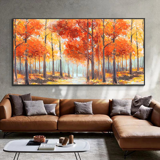 Abstract Trees With Orange Yellow Oil Painting  Hand Painted Large Size Canvas Modern Wall,27inx54in,No Frame