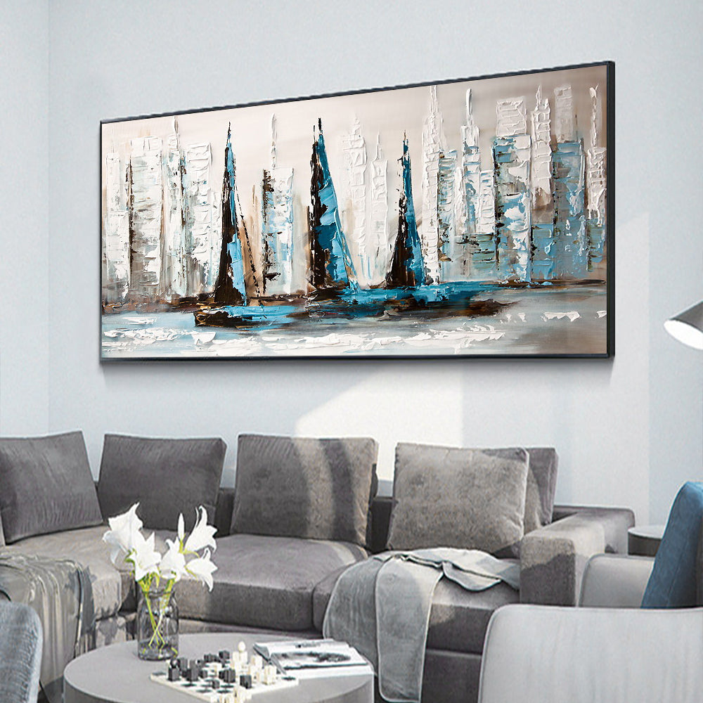 Abstract Blue And White Sailboats On The Sea  Handpainted Oil Painting On Canvas Without,27inx54in,No Frame