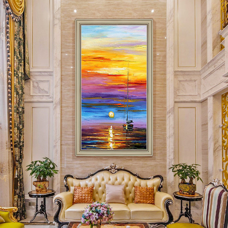 Hand-painted Oil Painting Decorative Painting Sunrise Paintings Continental Entrance Penthouse Floor Hollow Booming Large Mural27inx54in,No Frame