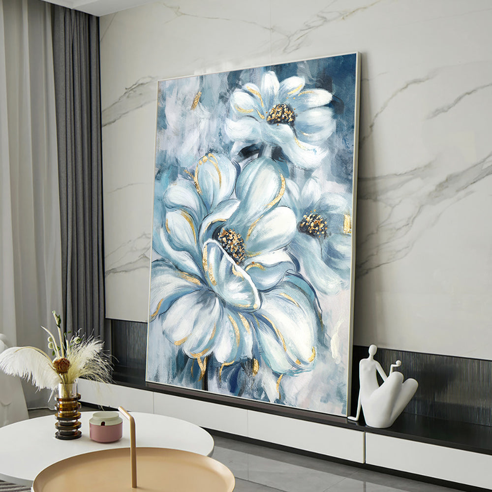 Handmade Abstract White Blue Flowers Oil Painting On Canvas Modern Plant Wall Art Pictures For Living Room,31inx47in,No Frame