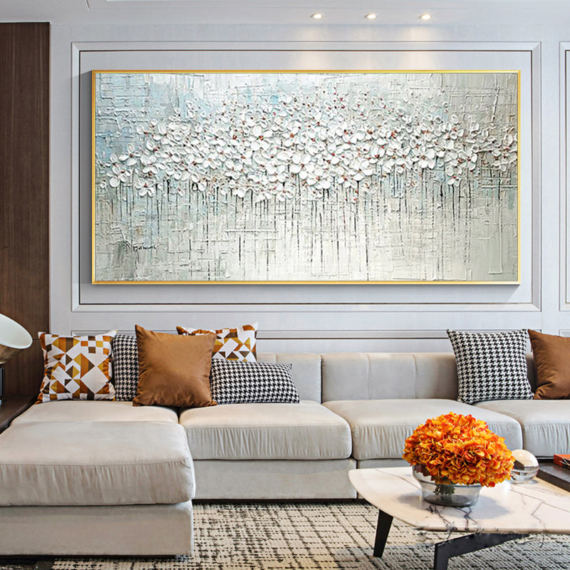 #4003D Knife Abstract White Flowers Oil Painting Handpainted On Canvas Living Room Salon Home Decoration Painting,27inx54in,No Frame