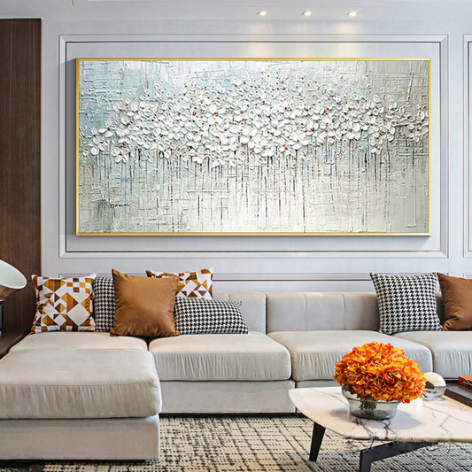 #4003D Knife Abstract White Flowers Oil Painting Handpainted On Canvas Living Room Salon Home Decoration Painting,27inx54in,No Frame