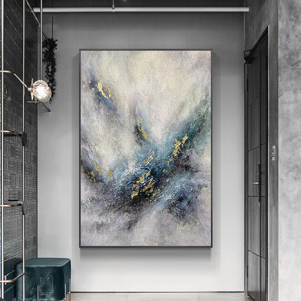 Modern Abstract Golden Blue Oil Painting Nordic Canvas Wall Artwork Handmade Grey Purple Oil Painting For Home Living Room,31inx47in,No Frame