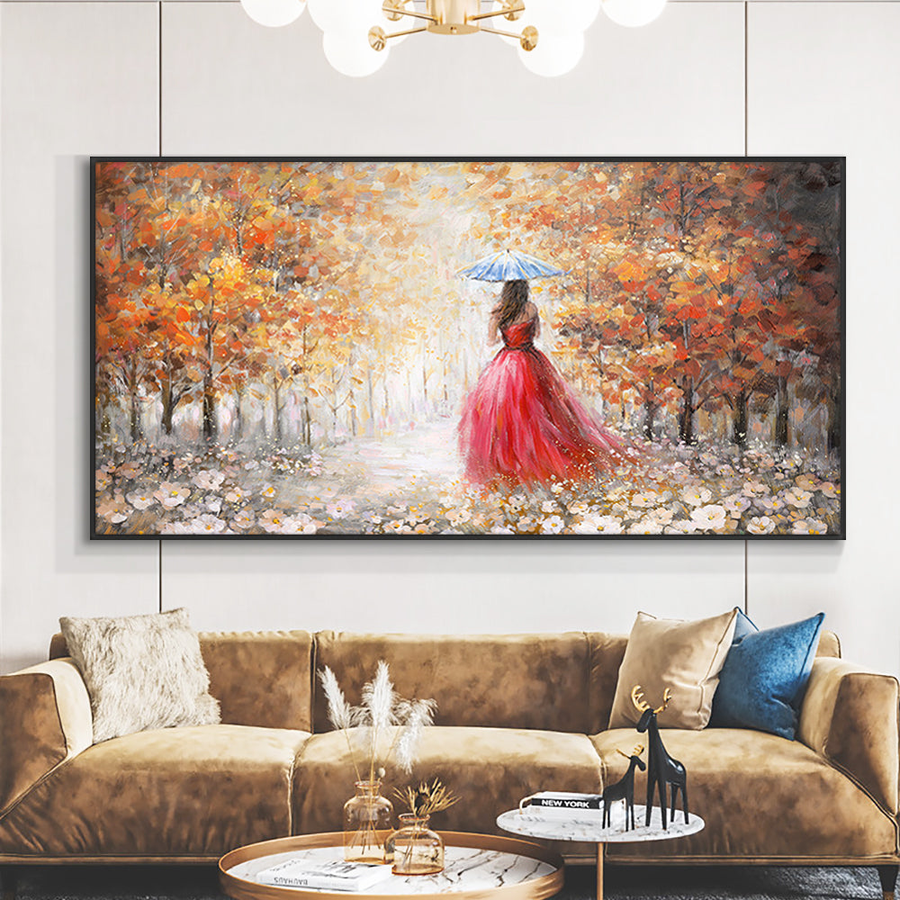 Abstract Girl Weared Red Skirt Waking In The Rain With Umbrella  Hand Painted Oil Painting,27inx54in,No Frame
