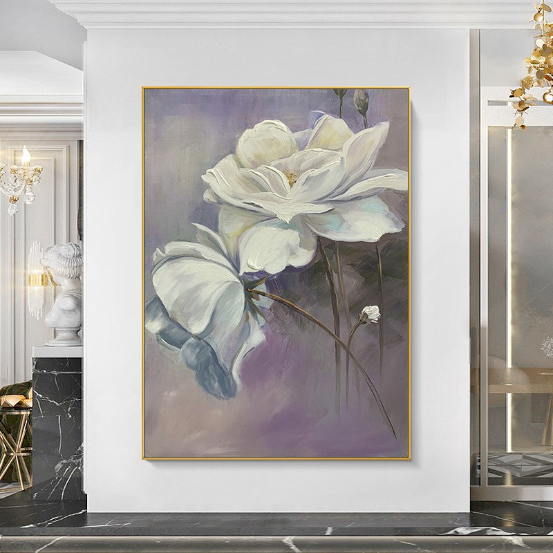 Handmade White Flower Oil Painting Modern Wall Art On Canvas Hanging Mural Living Room,31inx47in,No Frame