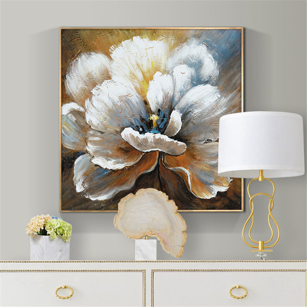 Abstract Flower Painting Wall Art Hand Painted Oil Painting On Canvas Handmade White Flower Painting Art,31inx31in,No Frame