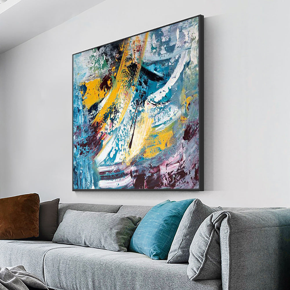 Hand Painted Blue Mixed Yellow Oil Painting On Canvas Modern Abstract Multicolor Wall Art Paintings,31inx31in,No Frame