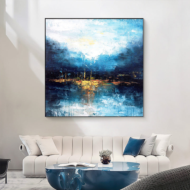 Handmade Abstract Large Blue Oil Painting Modern Mural Living Room Decoration Painting Large Size,31inx31in,No Frame