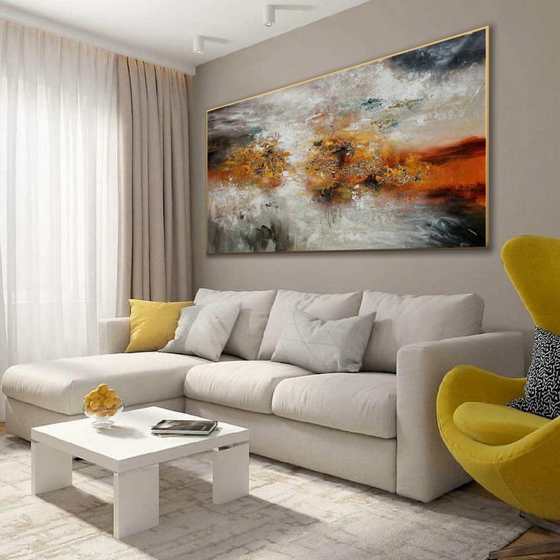 Contemporary Minimal Modern Neutral Large Wall Art Hand Painted Rustic Minimalist Simple Abstract Painting On Canvas Gray Gold27inx54in,No Frame