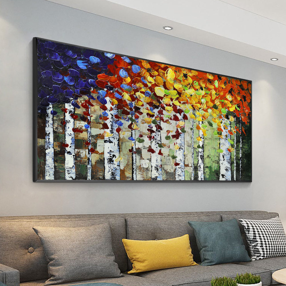 Abstract Thick Textured Blue Red Yellow Leaves Trees Oil Painting  Hand Painted On Canvas Modern,27inx54in,No Frame