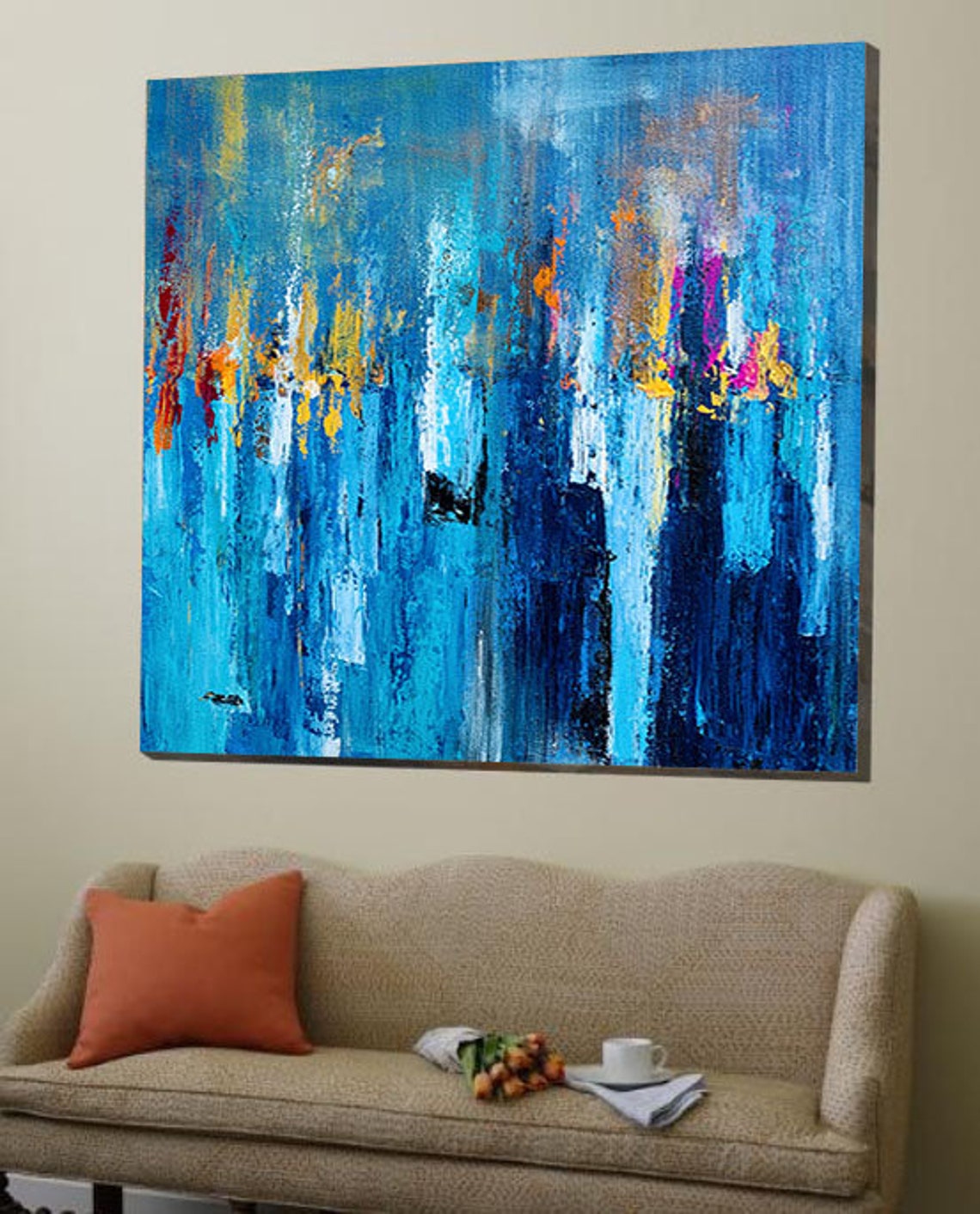 LargeWall-ArtModernArtBlueYellowArtHandPaintedAbstractPaintingTextureArtPaletteKnife  31in,No Frame